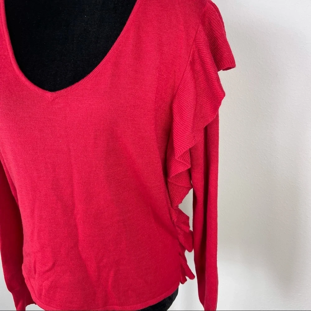 NWT Aqua Ruffled Knit Long Sleeve V-Neck Sweater - Picture 6 of 13